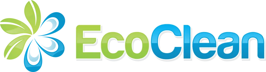 EcoClean logo: blue and green wordmark with a leaf motif, signaling eco-friendly cleaning.