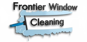 Brand logo for Frontier Window Cleaning with a blue squeegee sweeping across light blue soap suds forming a window shape.