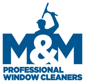 Logo for M&M Professional Window Cleaners showing a blue figure with a squeegee above large M&M letters and bold blue text below: Professional Window Cleaners.